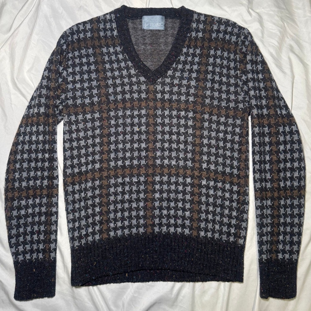 Le‎ Tigre Vintage V-Neck Sweater Mens S Black Gray Plaid Houndstooth Wool Blend